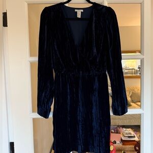 H&M Deep Blue Velvet Long Sleeve Dress